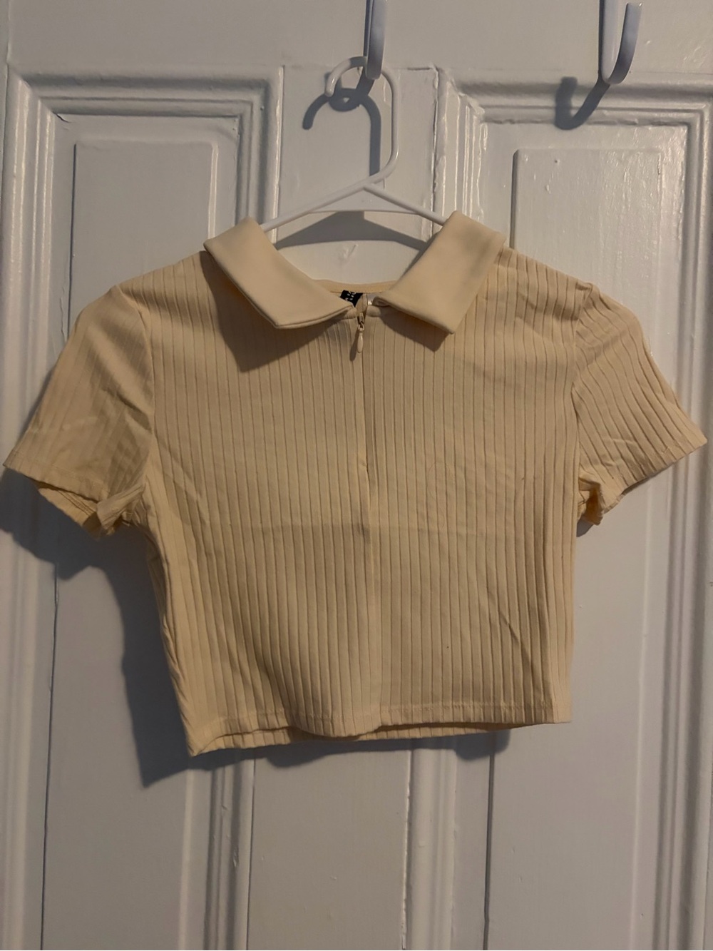 H&M Ribbed Polo Crop Top in Light Cream